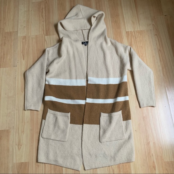 Lulus M/L Carlsbad Sweater Cardigan Open Hooded Tan Beige Striped Pockets - Picture 3 of 8